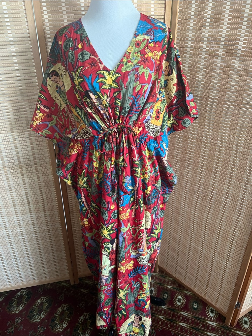 Frida Kahlo Print Cotton Kaftan, Boho Resort Dress OS